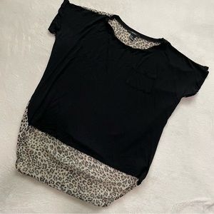 Forever 21 Black and Cheetah Print Short Sleeve High Low Blouse | Size Medium